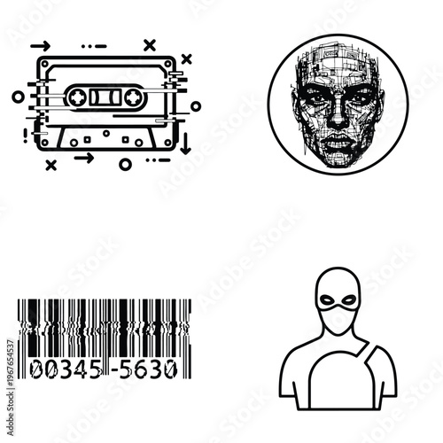 Abstract tech and urban mystery vector icons: cassette, geometric face, barcode, masked figure
