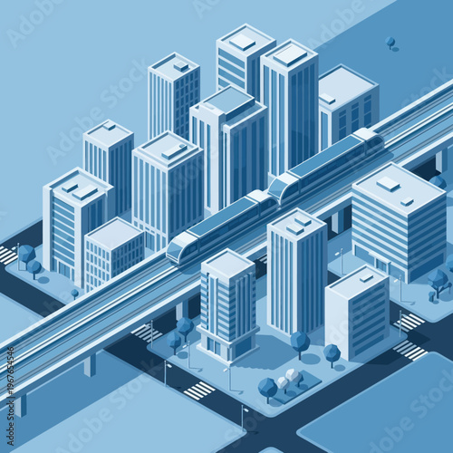 Modern Cityscape with Elevated Train and Skyscrapers.