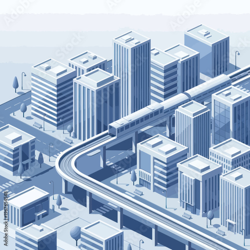 Modern Cityscape with Elevated Train and Skyscrapers.