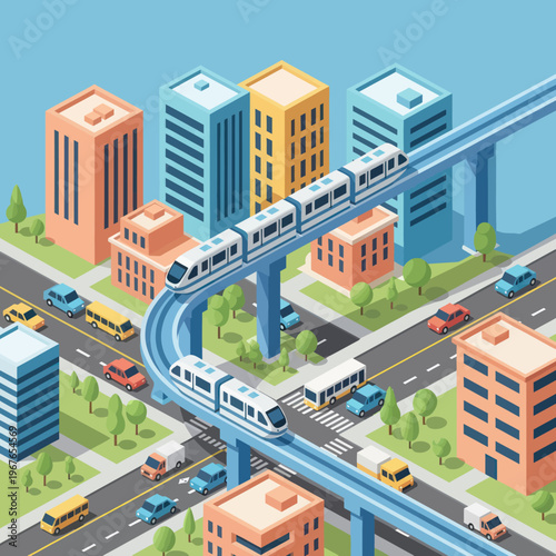 Modern Cityscape with Elevated Train System and Urban Infrastructure.