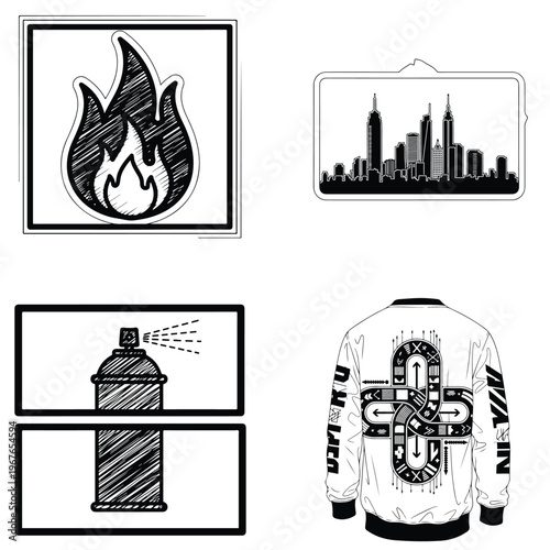 Street art and fashion vector icons: flame, cityscape, spray can, and jacket, hip hop, black and whi
