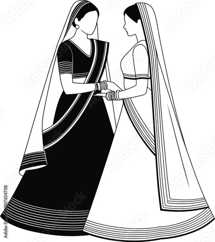 Traditional Indian women in ethnic saree and lehenga choli, black and white vector illustration of female friends in wedding attire, cultural fashion line art