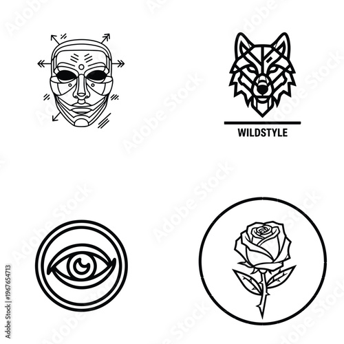 Symbolic geometric vector art featuring abstract face, wolf head, all-seeing eye, and rose, line art