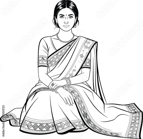 Traditional Indian woman in saree vector illustration, elegant lady in ethnic dress line art, beautiful female sitting in sari coloring page