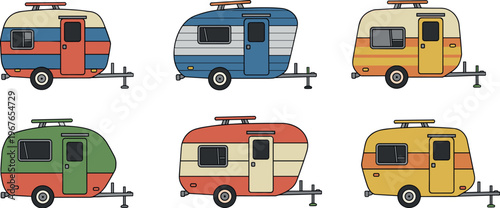 Retro camper trailer illustration set with colorful caravans, travel vehicles, camping transport, road trip lifestyle, vintage design, isolated vector collection for tourism and adventure