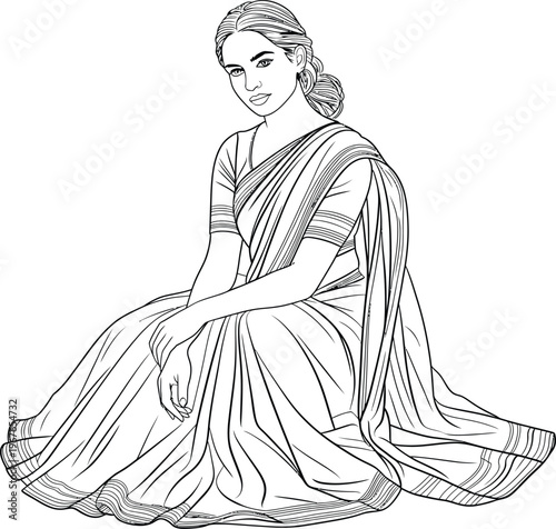 Indian woman in traditional saree vector illustration, elegant lady sitting in ethnic dress line art, beautiful female character in sari