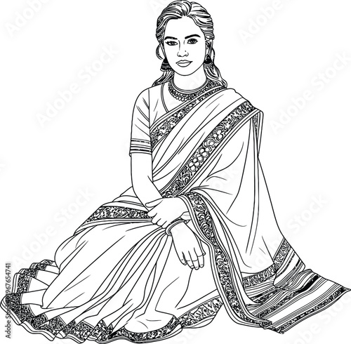 Traditional Indian woman in saree vector illustration, elegant lady wearing ethnic south asian dress, black and white line art of woman in sari