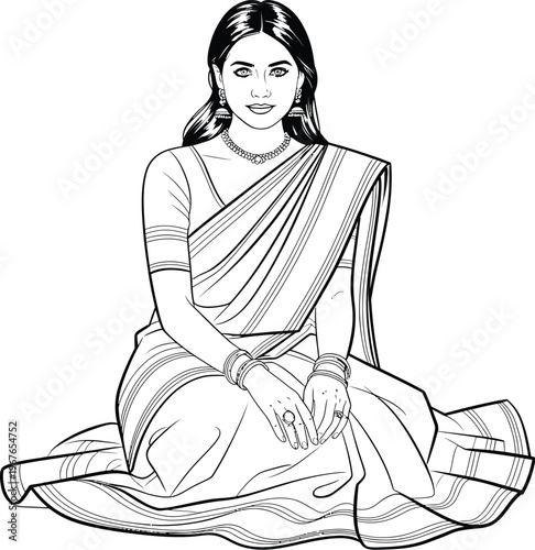 Indian woman in traditional saree vector illustration, elegant lady wearing ethnic sari and jewelry, black and white line art of sitting female figure