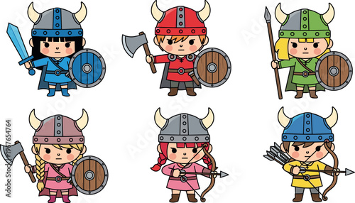 Set of Cute Chibi Viking Characters with Horned Helmets Holding Swords Axes Bows and Shields Isolated Vector Illustration for Children History and Games
