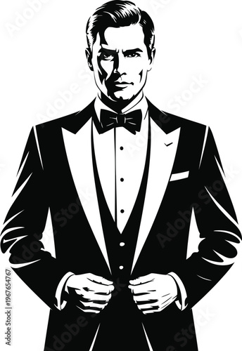 Elegant gentleman in tuxedo vector illustration, sophisticated man in formal black tie attire, classic masculine portrait for luxury events