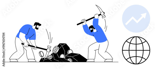 Economic growth, resource extraction, global industry, mining labor, manual work, production process. Two workers breaking rocks with tools. Economic growth and resource extraction