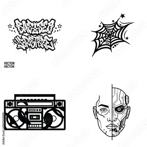 Graffiti broken reality text, spiderweb, boombox, and cybernetic head vector set, street art