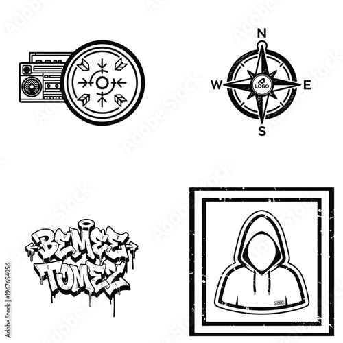 Urban vector set with compasses, boombox, graffiti street art, and hooded figure, hip hop