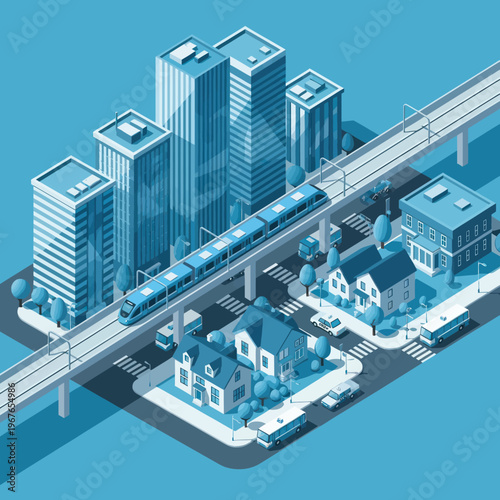 Modern Cityscape with High-Speed Train and Buildings.