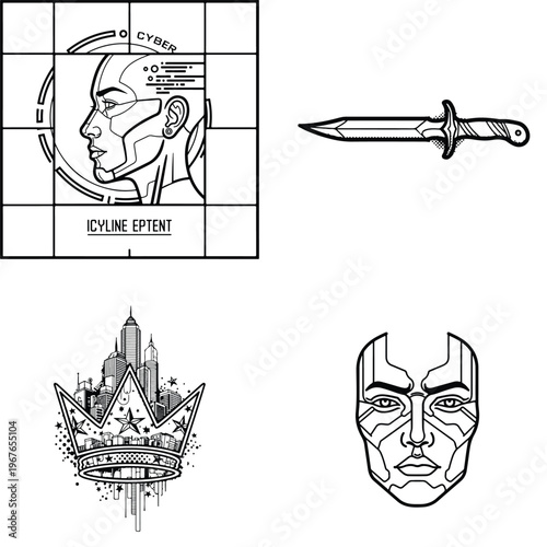 Cybernetic human, urban crown, and combat knife vector illustrations set, human head, artificial int