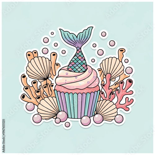 Colorful cupcake with mermaid tail topper.