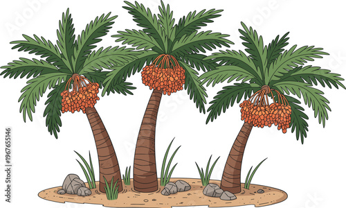 Tropical date palm trees with ripe fruit clusters on sandy island illustration, desert oasis landscape concept, lush green foliage and natural agriculture environment design