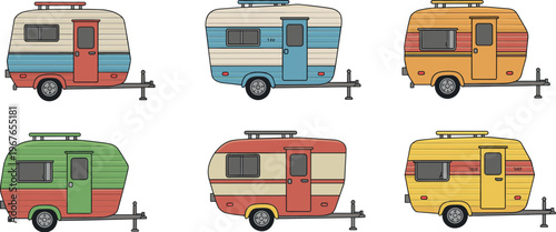 Vintage camper trailer vector set with colorful caravans, retro travel vehicles, camping transport, road trip lifestyle, tourism design, isolated illustration collection for adventure