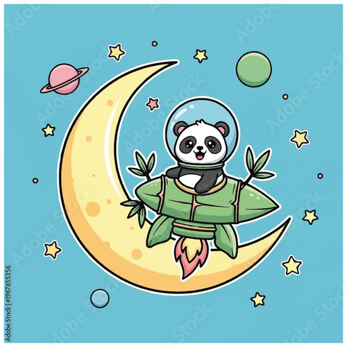Panda bear in space suit flying.