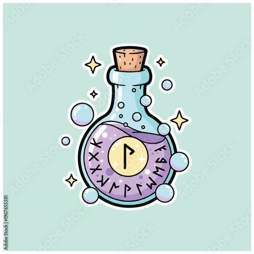 Magical potion bottle with mystical symbols.