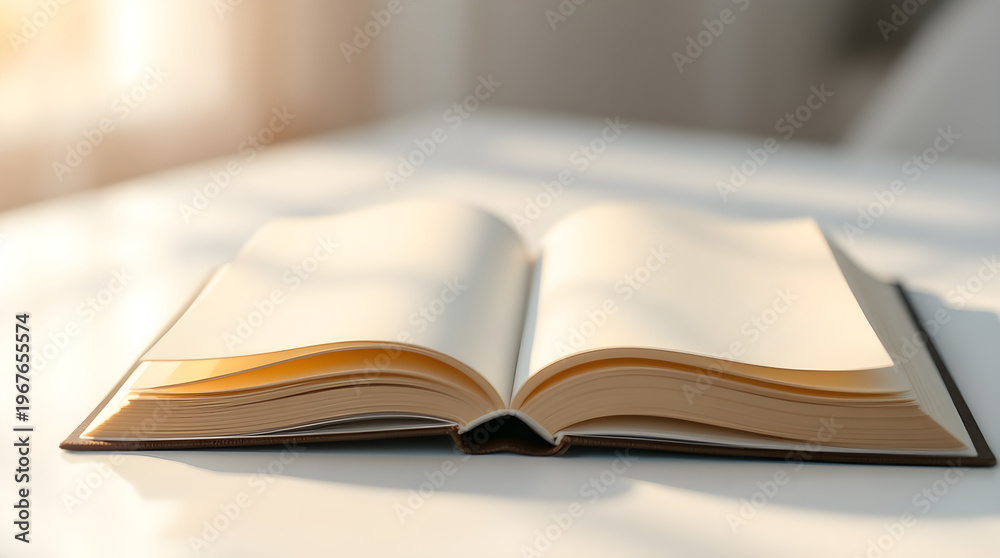 Naklejka premium Open book with blank pages on a white table under soft natural morning sunlight close-up low angle view