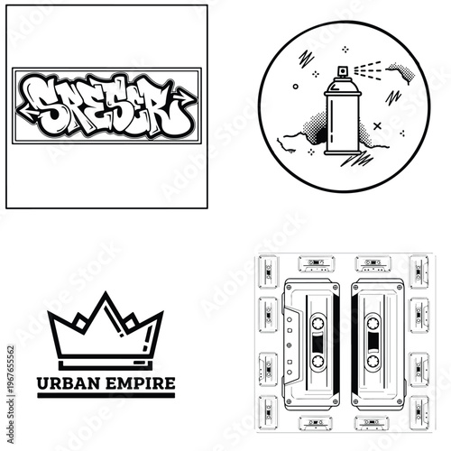 Urban street art vector elements: graffiti, spray can, crown, and cassette tapes, hip hop
