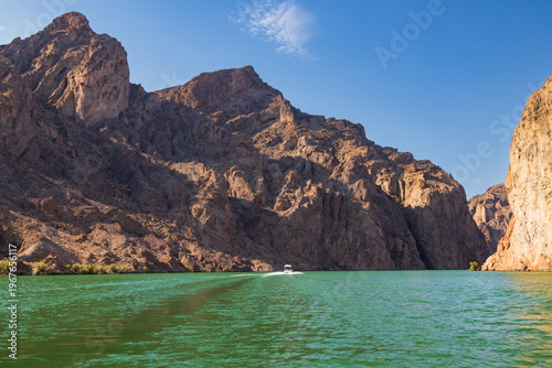 Mountainous landscape with boat on Lake Mead National Recreation Area, Arizona