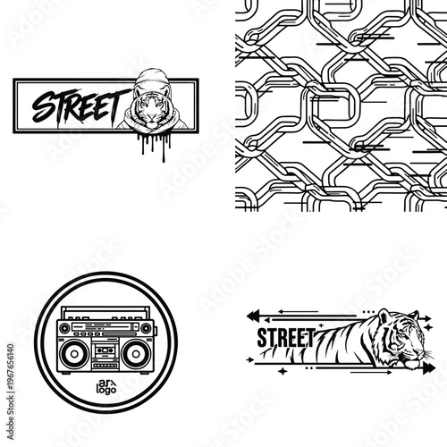 Urban street graphics set: dripping skull, chain pattern, boombox, tiger street text, street art