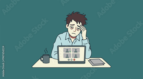 Tired man on video call, experiencing burnout and exhaustion from remote work.
