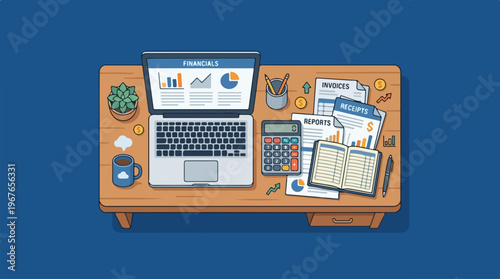 Top view of a business desk with laptop and financial documents.