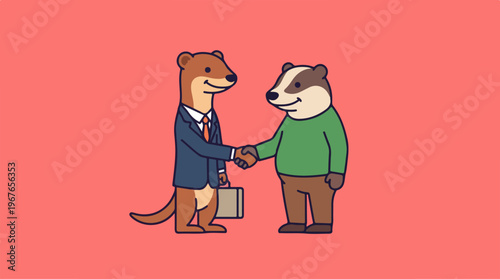 Two cartoon animals, a weasel and a badger, shaking hands in a business agreement.