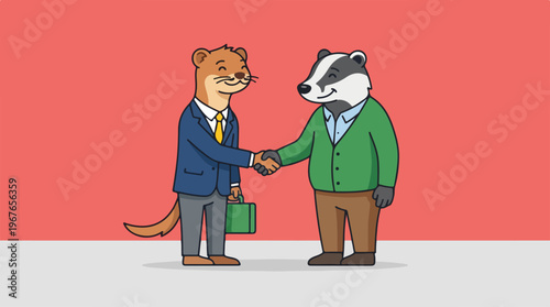 Two cartoon animals shaking hands in a business setting.