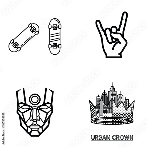 Urban skateboard and city icon vector set