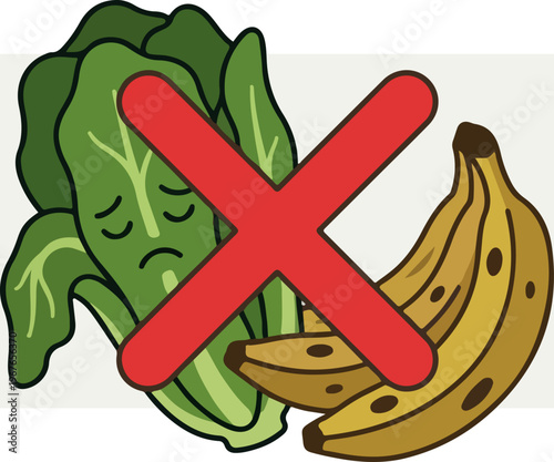 Unhealthy food choices concept with crossed out vegetables and fruits.