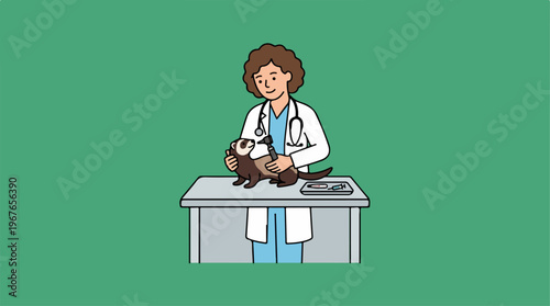 Veterinarian examining a ferret on an examination table.