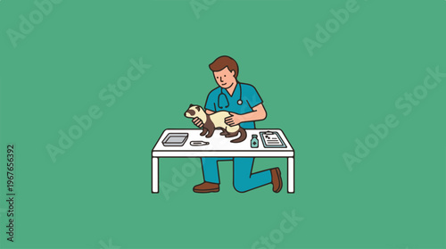 Veterinarian examining a ferret on an examination table.