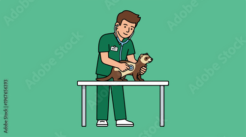 Veterinarian examining a ferret on an examination table.