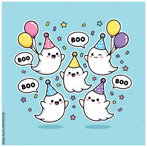 Group of white cartoon ghosts celebrating.