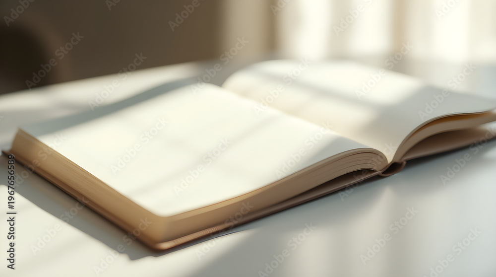 Fototapeta premium An open hardcover book with blank white pages resting on a table under soft morning sunlight creating shadows in a minimalist indoor setting