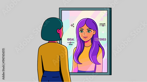 Woman looking in mirror at reflection of ideal self with purple hair.