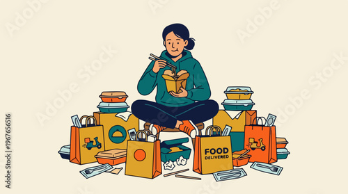 Woman enjoying a meal surrounded by numerous food delivery bags and containers.