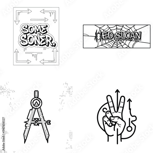 Graphic design assets set with geometry compass peace sign and text art