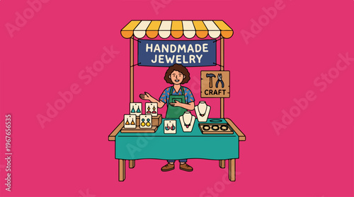 Woman selling handmade jewelry at a craft market stall.