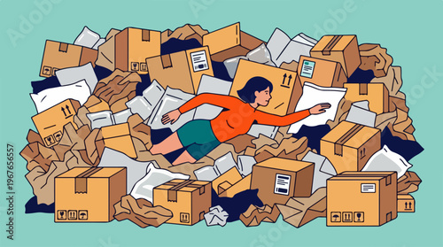 Woman swimming through a mountain of cardboard boxes and papers, representing overwhelming tasks and a busy work environment.