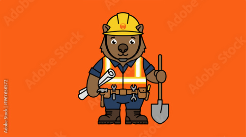 Wombat construction worker with shovel and blueprints.