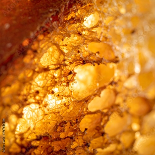 Close-up of a golden, textured surface with intricate details and warm lighting.