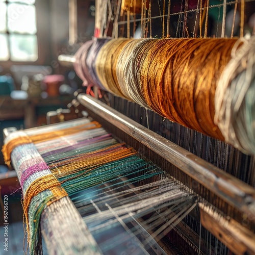 Close-up of a traditional handloom weaving colorful threads into fabric, showcasing the intricate process and vibrant textiles.