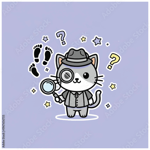 Cartoon cat detective with magnifying glass.