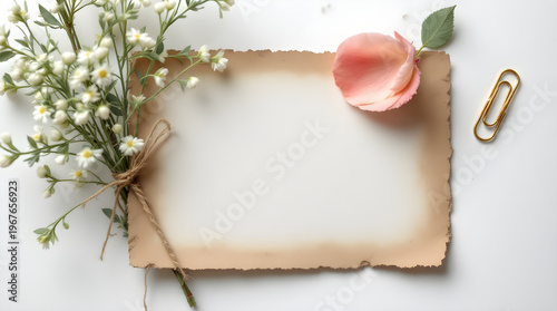 Blank aged vintage paper card with wildflowers and a single pink rose petal on a white background, flat lay top view composition