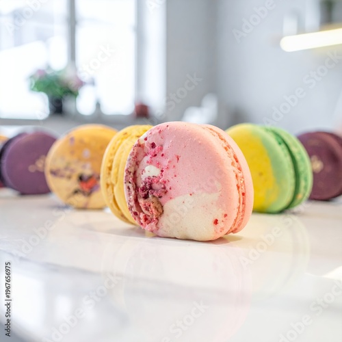 Colorful Macarons Displayed on a White Countertop.